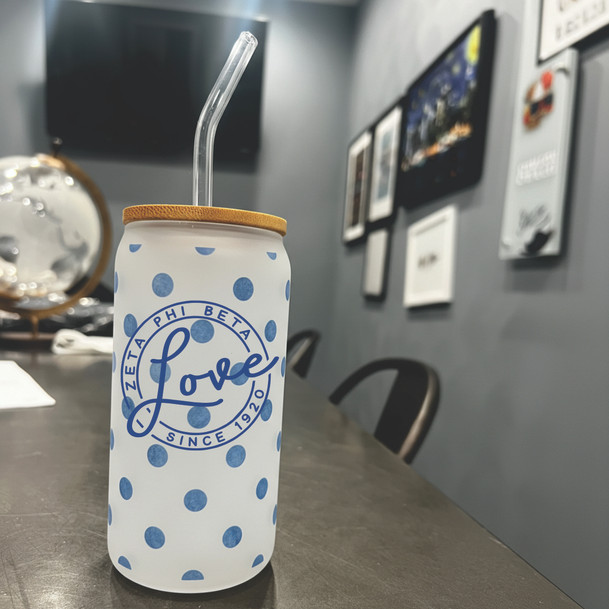 Zeta Phi Beta Polka Dot Frosted Glass Can With Bamboo Lid and Straw, 16oz