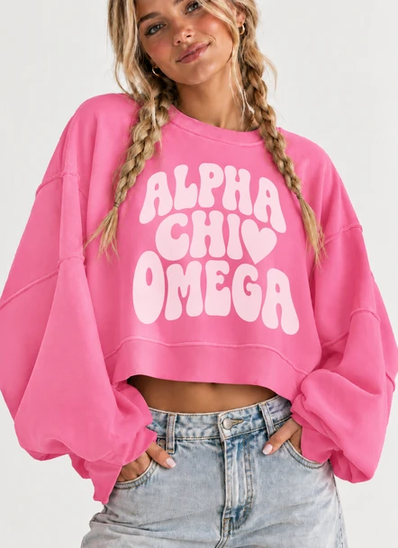 Alpha Chi Omega Cropped Sweatshirt – Long Sleeve Loose Fit Pullover with Side Slits
