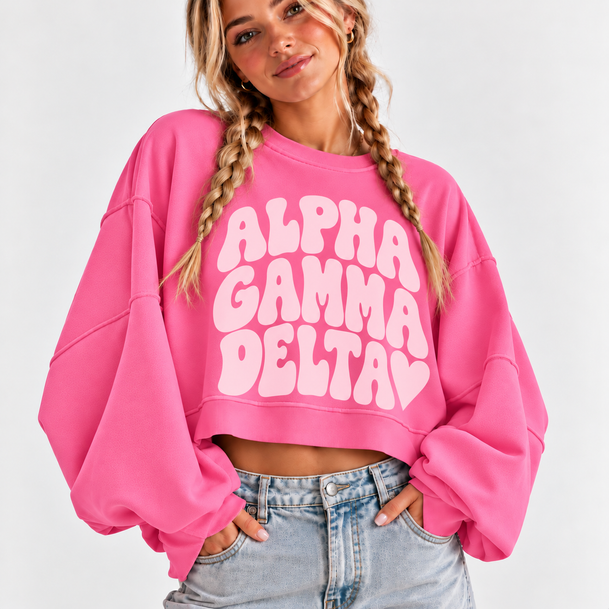 Alpha Gamma Delta Cropped Sweatshirt – Long Sleeve Loose Fit Pullover with Side Slits