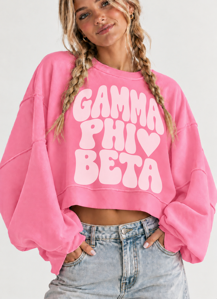 Gamma Phi Beta Cropped Sweatshirt – Long Sleeve Loose Fit Pullover with Side Slits