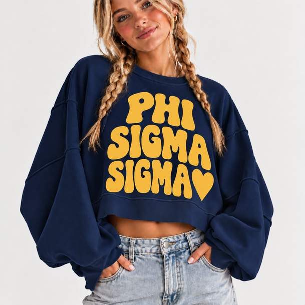 Phi Sigma Sigma Cropped Sweatshirt – Long Sleeve Loose Fit Pullover with Side Slits