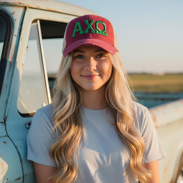 Alpha Chi Omega Distressed Trucker Hat