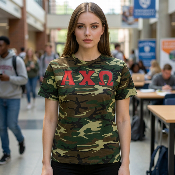 DISCOUNT-Alpha Chi Omega Lettered Camouflage T-Shirt