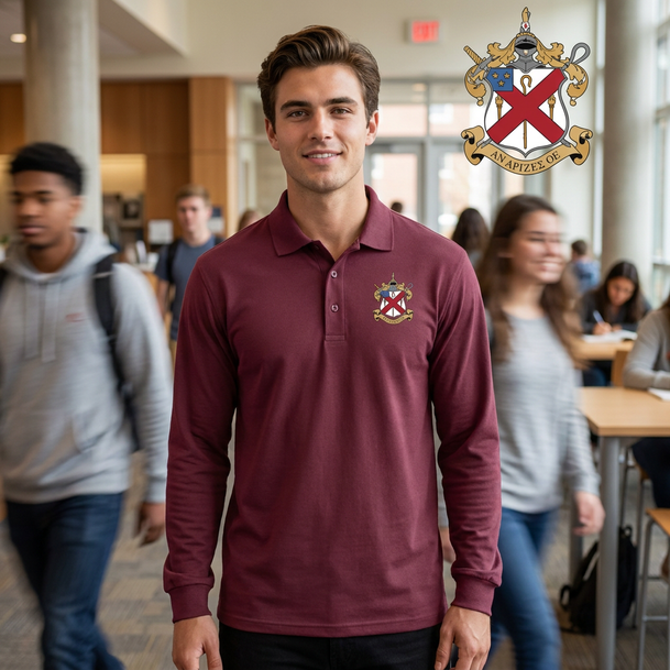 DISCOUNT-Alpha Chi Rho Crest - Shield Emblem Long Sleeve Polo