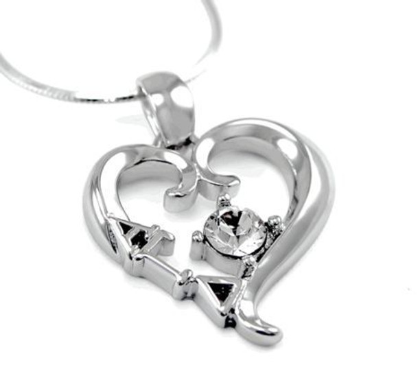 Alpha Gamma Delta Sterling Silver Heart Pendant with Swarovski Clear Crystal