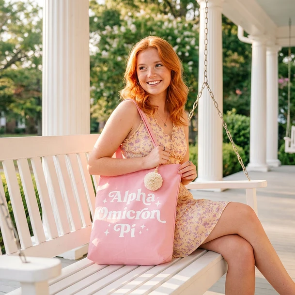 Alpha Omicron Pi Retro Pom Pom Tote Bag