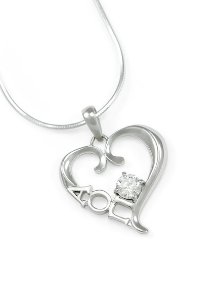 Alpha Omicron Pi Sterling Silver Heart Pendant with Swarovski Clear Crystal