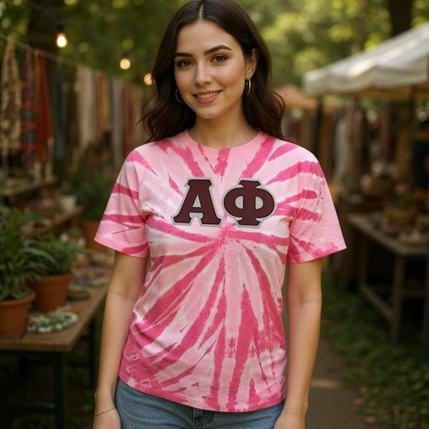DISCOUNT-Alpha Phi Lettered Tie-Dye t-shirts