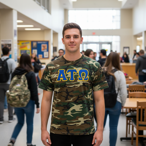 DISCOUNT- Alpha Tau Omega Lettered Camouflage T-Shirt