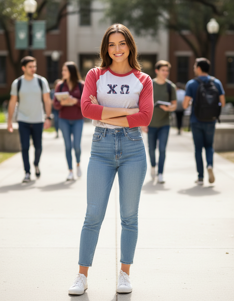 Chi Omega Unisex Tri-Blend Three-Quarter Sleeve Baseball Raglan Tee