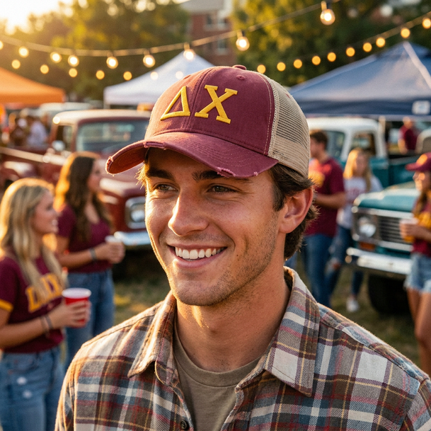 Delta Chi Distressed Trucker Hat