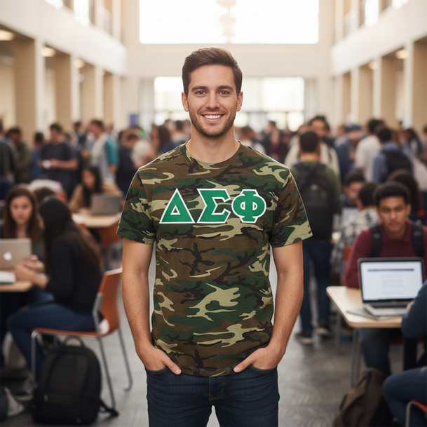 DISCOUNT- Delta Sigma Phi Lettered Camouflage T-Shirt