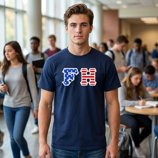 FarmHouse Fraternity Letter American Flag Tee