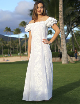  Hawaiian Leis White Wedding Ruffled Dress
•	100% Cotton Fabric
•	Long Maxi Fitted Style
•	Square Ruffled Neckline
•	Ruffled Elastic Shoulder and Cap Sleeves
•	Front and Back Darts and back Center Zipper
•	Sizes: S - 3XL
•	Color: White
Made in Hawaii - USA