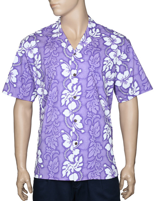 Aloha Island Shirt Hibiscus Leis
100% Cotton - Versatile and Cool
Open Collar - Relaxed Modern Fit
Coconut shell buttons - Matching left pocket
Color: Purple
Sizes: S - 3XL
Made in Hawaii - USA