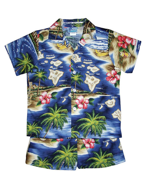 Polynesian Island 2 Piece Boy’s Cotton Cabana Set
2 Piece Set - Shirt and Shorts
100% Cotton Fabric
Genuine Coconut Buttons
Short's Elastic Waist
Matching Fabric Design
Colors: Navy
Sizes: 1T, 2T, 4T, 6T
Made in Hawaii - USA