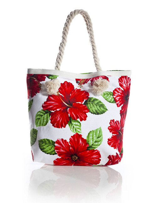 Red Hibiscus White Tote Handbag Tropical Flirt
Heavy Dobby Cotton Material
Thick Cotton Rope Handles
Satin Nylon Lining (Leaf Green>
Inner Pocket and Magnetic Snap Closure
Color: White
Size: 15"W x 13"H x 4"D
A Mon-Chi Haus Designer Handbags
Machine Washable
Imported