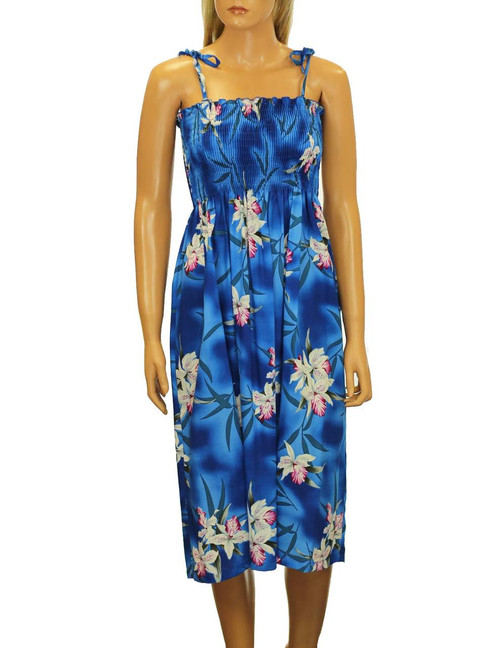 Blue Hawaiian Smocked Tube Top Midi Rayon Dress
To Wear with Straps or Strapless
100% Rayon Fabric
Style: Knee Length
Color: Blue
Length: 33-34 Inches From Bust Line
Size: One Size fits most
Made in Hawaii - USA