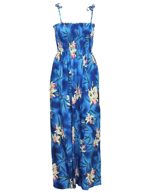 Maxi Blue Hawaiian Smocked Tube Top Rayon Dress
To Wear with Straps or Strapless
100% Rayon Fabric
Style: Long Maxi
Color: Blue
Length: 47-48 Inches From Bust Line
Size: One Size fits most
Made in Hawaii - USA