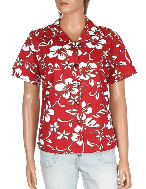 Classic Hibiscus Pareo Camp Shirt for Women
100% Cotton Fabric
Relaxed Camp Blouse
Comfortable Fit Design
Short Sleeves
Coconut Shell Buttons
Color: Red
Sizes: S - 4XL
Made in Hawaii - USA