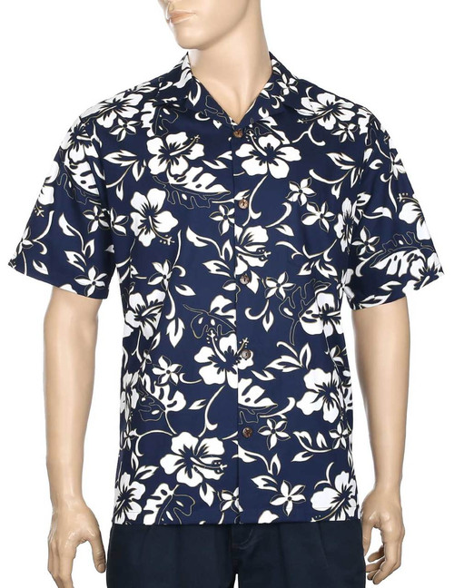 Classic Hibiscus Pareo Aloha Shirt
100% Cotton - Versatile and Cool
Open Collar - Relaxed Modern Fit
Coconut shell buttons - Matching left pocket
Color: Navy
Sizes: S - 4XL
Made in Hawaii - USA