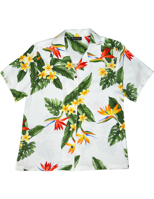 Birds of Paradise Camp Shirt for Women
Relaxed Fit Camp Blouse
100% Rayon Soft Fabric
Short Sleeves
Genuine Coconut Buttons
Color: White
Sizes: XS - 3XL
Made in Hawaii - USA