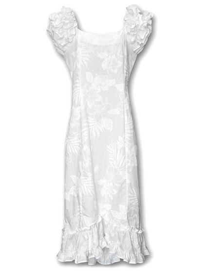Long Ruffle White Wedding Muumuu La'ele
Long Maxi Muumuu Style - Shoulder and Hem Ruffles
Elastic Shoulders and Sleeves Design
Form-fitted Dress with Back Zipper
Short Fishtail Train
100% Cotton
Color: White
Sizes: XS - 2XL
Machine Wash: Iron and Steam Safe
Made in Hawaii - USA