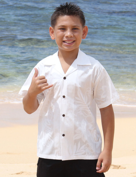 La'ele Hawaiian Kids White Shirt
100% Cotton Fabric
Coconut shell buttons
Machine Wash Cold
Cool Iron
Color: White
Sizes: S - XL
Made in Hawaii - USA