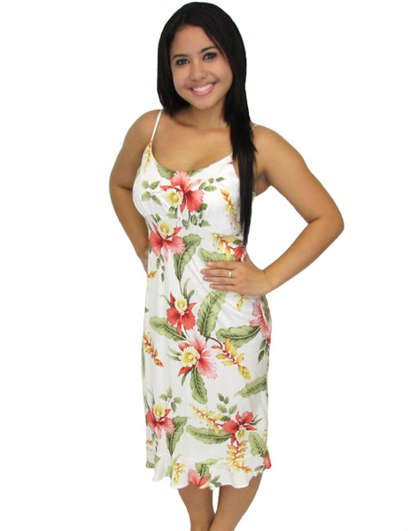 Orchid Pua Spaghetti Straps Rayon Mid-Length Dress
100% Rayon Fabric
Spaghetti Thin Shoulder Straps
Round Neckline and Easy Pull-Over Bias Fit
Empire Waist and Ruffled Hemline
Color: Beige
Sizes: XS - 2XL
Made in Hawaii - USA