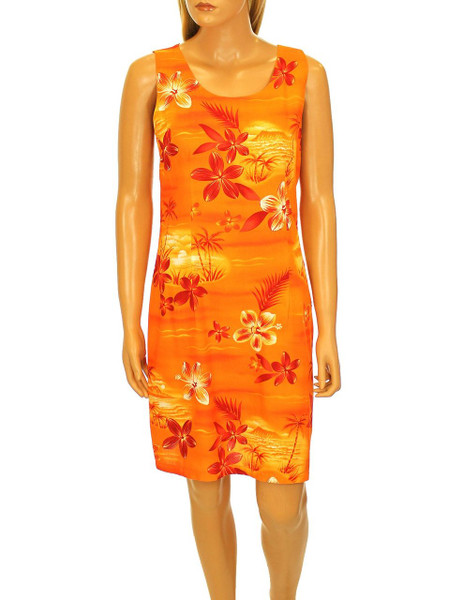 Short A-Line Tank Hawaiian Vacation Dress Moonlight Scenic
100% Rayon
Color: Orange
Sizes: S - 2XL
Zipper on Back
Made in Hawaii - USA 
Matching Items Available