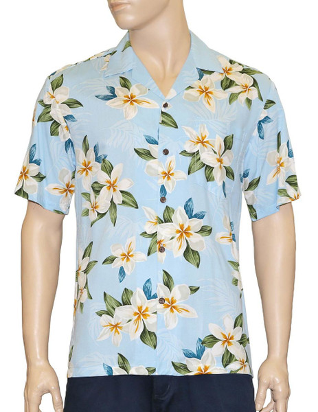 Plumeria Sky Men's Rayon Aloha Shirt
100% Rayon Fabric - Soft and Classy
Open Collar - Relaxed Modern Fit
Coconut shell buttons - Matching left pocket
Color: Sky Blue
Sizes: S - 3XL
Made in Hawaii - USA
