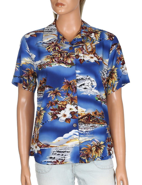 Blue Hawaii Rayon Camp Shirt for Women
100% Rayon Fabric
Relaxed Camp Blouse
Comfortable Fit Design
Short Sleeves
Coconut Shell Buttons
Color: Blue
Sizes: S - 3XL
Made in Hawaii - USA