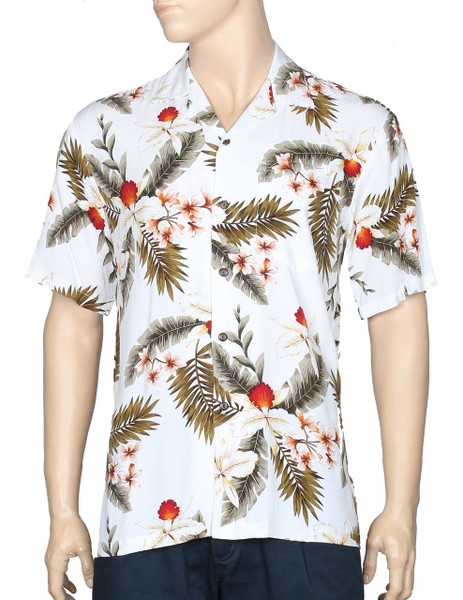 Hibiscus Tropical Rayon Shirt White
100% Rayon - Soft and Classy
Open Collar - Relaxed Modern Fit
Coconut shell buttons - Matching left pocket
Color: White
Sizes: S - 4XL
Made in Hawaii - USA