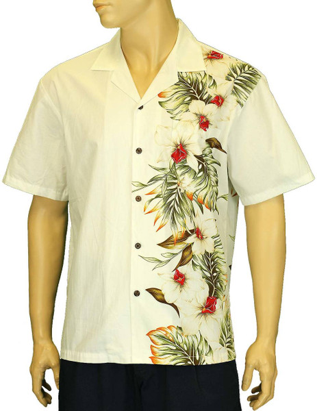 Hawaiian Aloha Shirt Side Black Border Band Hilo
100% Cotton Fabric
Open Pointed Folded Collar
Genuine Coconut Buttons
Seamless Matching Left Pocket
Color: White
Sizes: S - 4XL
Care: Machine Wash Cold, Cool Iron
Made in Hawaii - USA