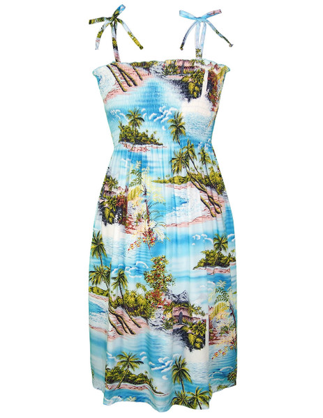 Knee Length Smock Aloha Dress Island Paradise
100% Rayon Fabric
Smocked Tube Top Design
Knee Length Dress
Tie On Shoulder or Halter Style
Wear Strapless Option
Color: Blue
Sizes: XS - XL
Made in Hawaii - USA