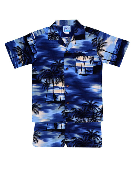  Island Sunrise Toddler Boys  Clothes 2 Piece Set
2 Piece Set - Shirt and Shorts
100% Cotton Fabric
Genuine Coconut Buttons
Short's Elastic Waist
Matching Fabric Design
Color: Blue
Sizes: 1T, 2T, 4T, 6T
Made in Hawaii - USA