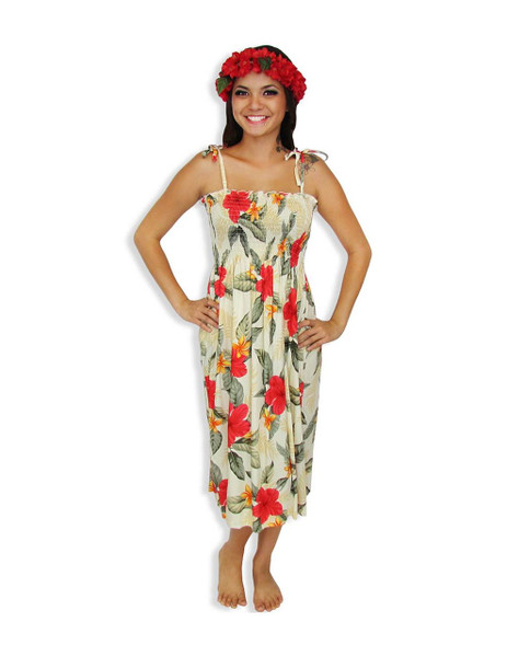 Ula Ula Hibiscus Mid-length Spaghetti Dresses
100% Rayon
Color: Cream
Length: 33" (mid size)
Size: One Size fits most
Made in Hawaii - USA