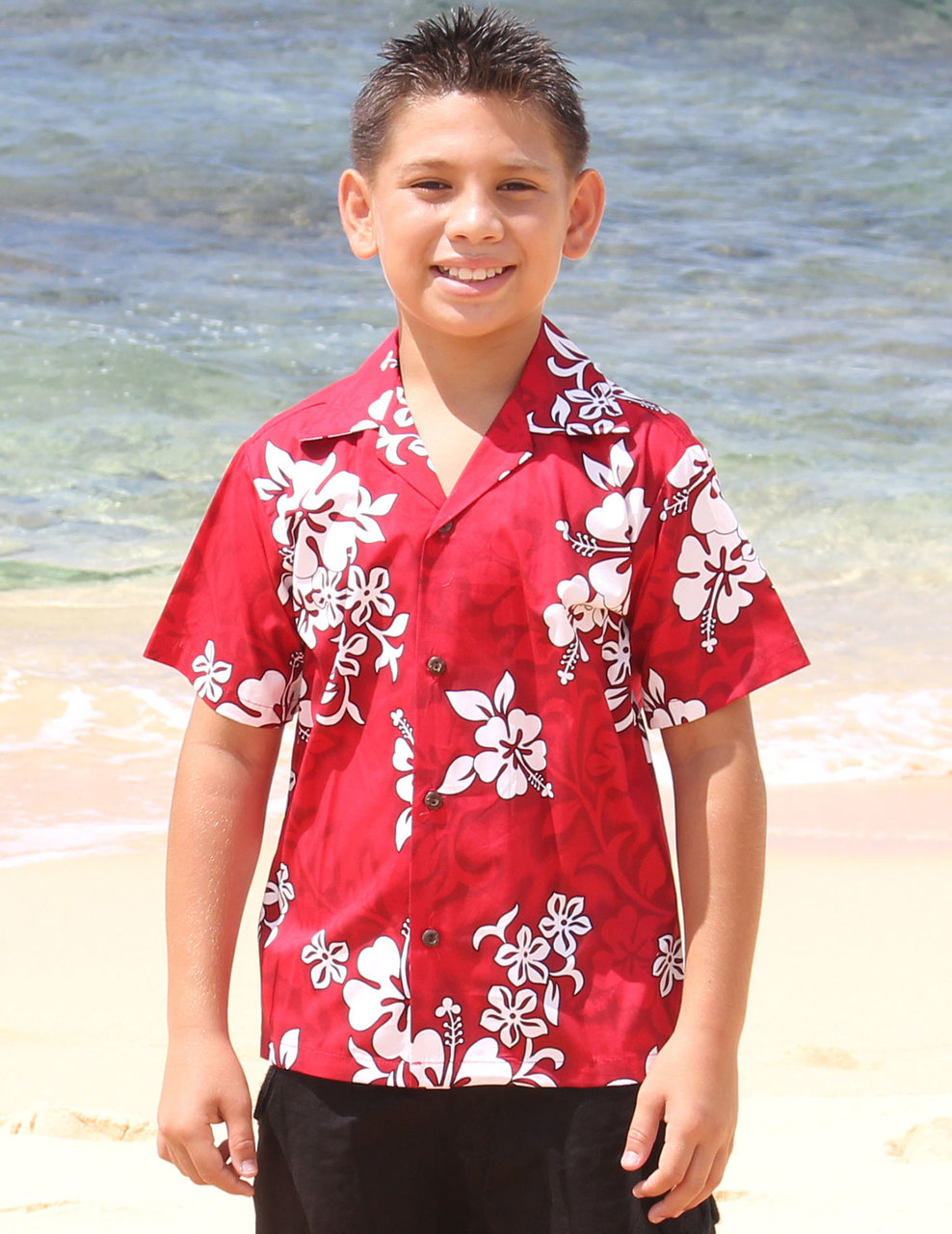 Boy Hawaiian Shirt Ula Ula Hibiscus Red