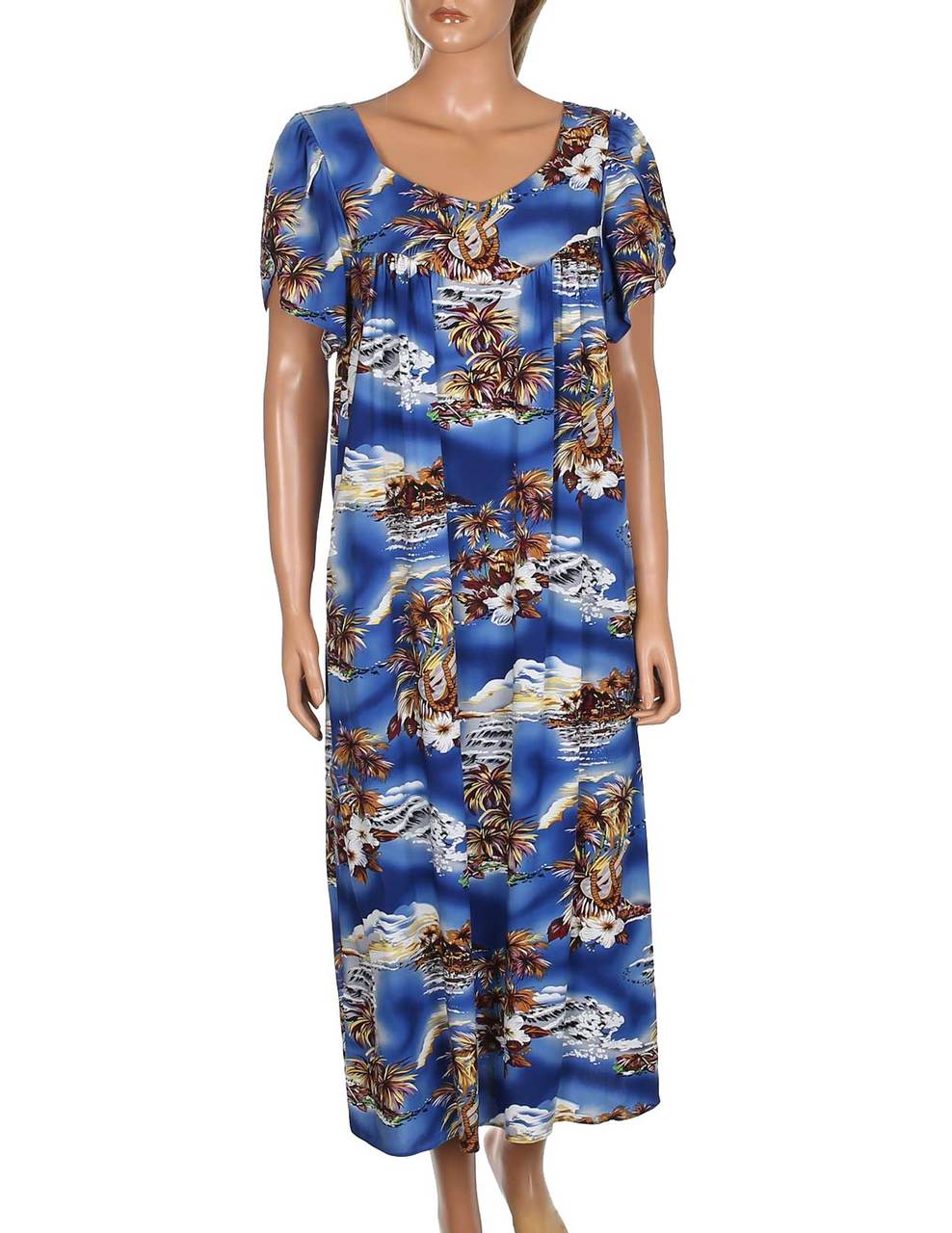 Blue Hawaii Midi Muumuu Dress with Tulip Sleeves