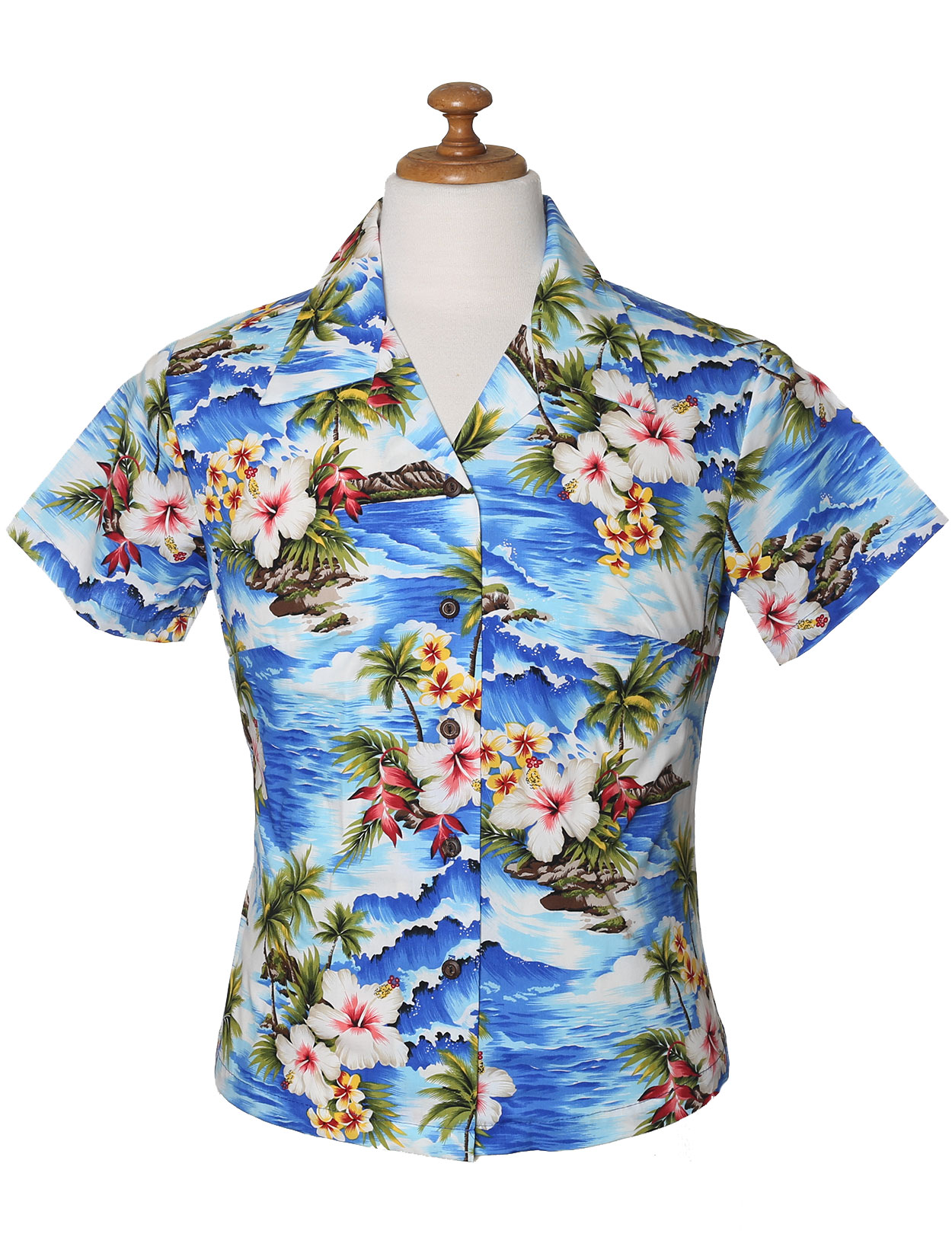 Pacific Legend White Hibiscus Blue Cotton Women's Fitted Hawaiian Shirt