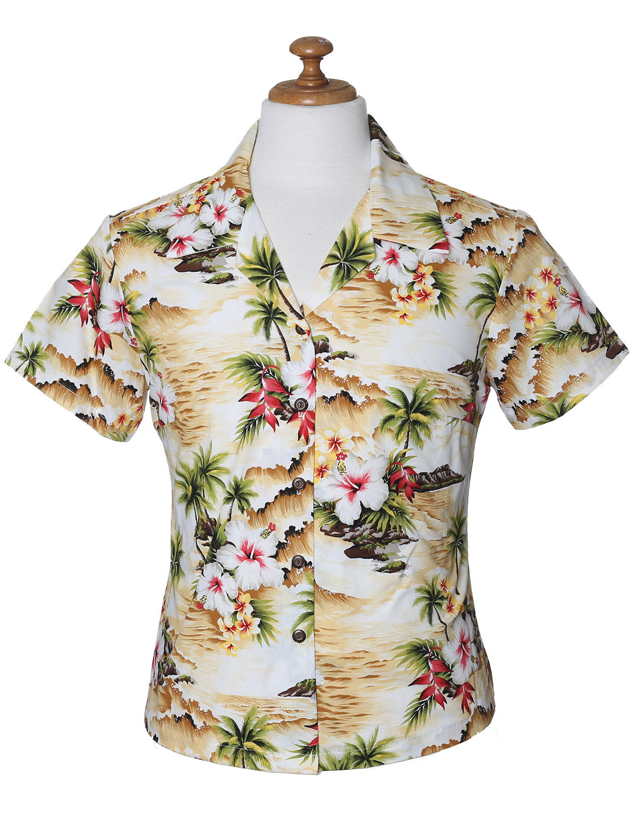 Pacific Legend White Hibiscus Blue Cotton Women's Fitted Hawaiian Shirt