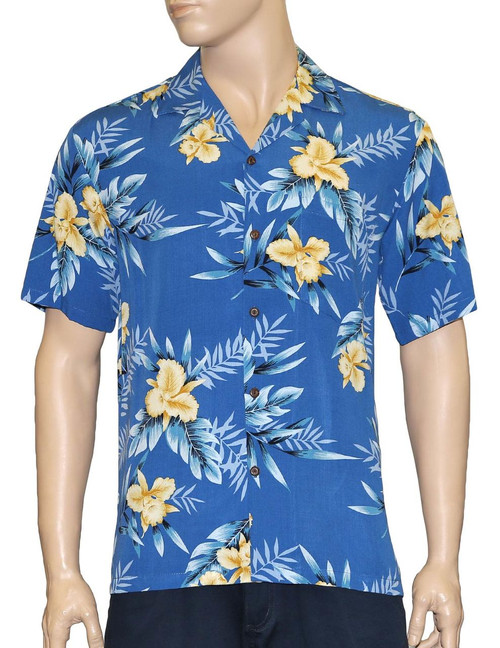 Men Aloha Blue Shirt in Rayon Okalani - Hawaiian Wedding Place