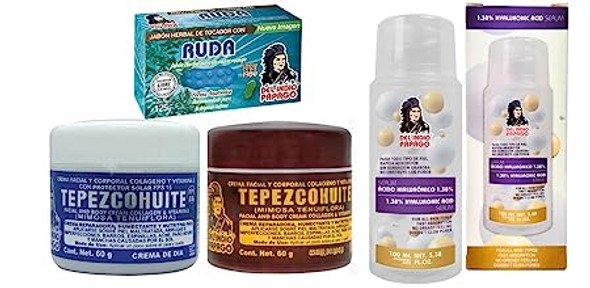 Del Indio Papago Tepezcohuite Day & Night creams (2oz each) + Hyaluronic Acid Serum (3.38 Fl Oz) + Rue Soap (125g)
