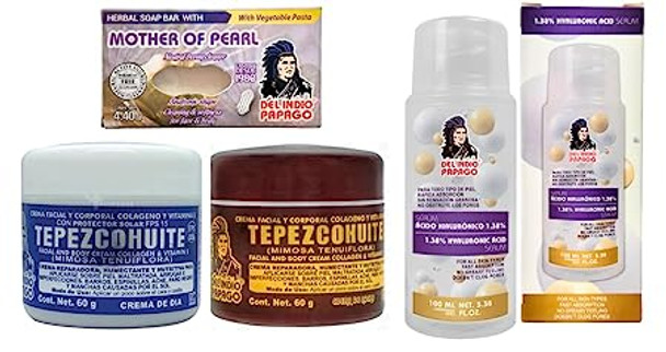 Del Indio Papago Tepezcohuite Day & Night creams (2oz each) + Hyaluronic Acid Serum (3.38 Fl Oz) + Mother Pearl Soap (125g)