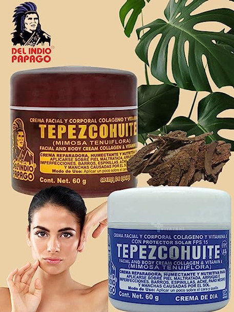 Del Indio Papago Tepezcohuite Day & Night creams (2oz each) + Hyaluronic Acid Serum (3.38 Fl Oz) + Tepezcohuite Soap (125g)