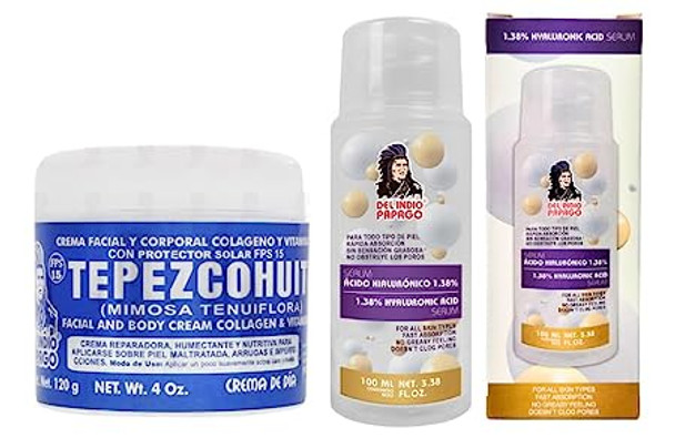 Del Indio Papago Tepezcohuite Day Cream (4oz) + Hyaluronic Acid Serum (3.38 Fl Oz)
