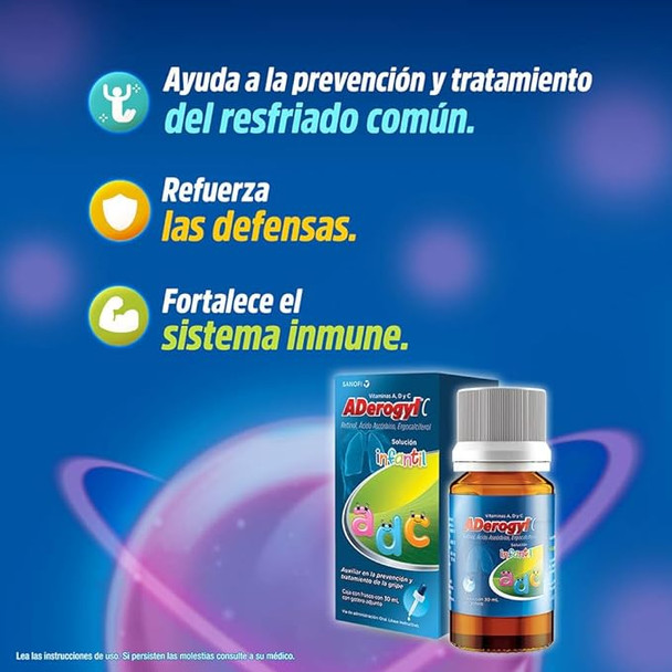 Aderogyl C infantil. Vitaminas A, B y C para la prevención de la gripe. Frasco de 30 ml con gotero