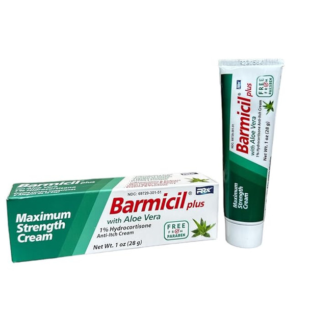 Barmicil Plus Cream Skin Allergies Aloe Vera with 1% Hydrocortisone Maximum Strength Anti-Itch Contains 1 oz Tube (28 Grams) Relieves Skin Allergies
