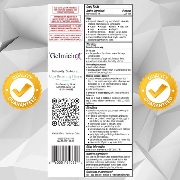 Gelmicin Hydrocortisone 1% - Anti-Itch Cream, Skin Rash, Skin Allergies, Eczema, Psoriasis - 1.41 oz Size (1)