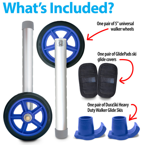 Universal 5" Walker Wheel Kit with Heavy Duty Ski Glides - All Colors Universal 5" Walker Wheel Kit with Heavy Duty Ski Glides - All Colors